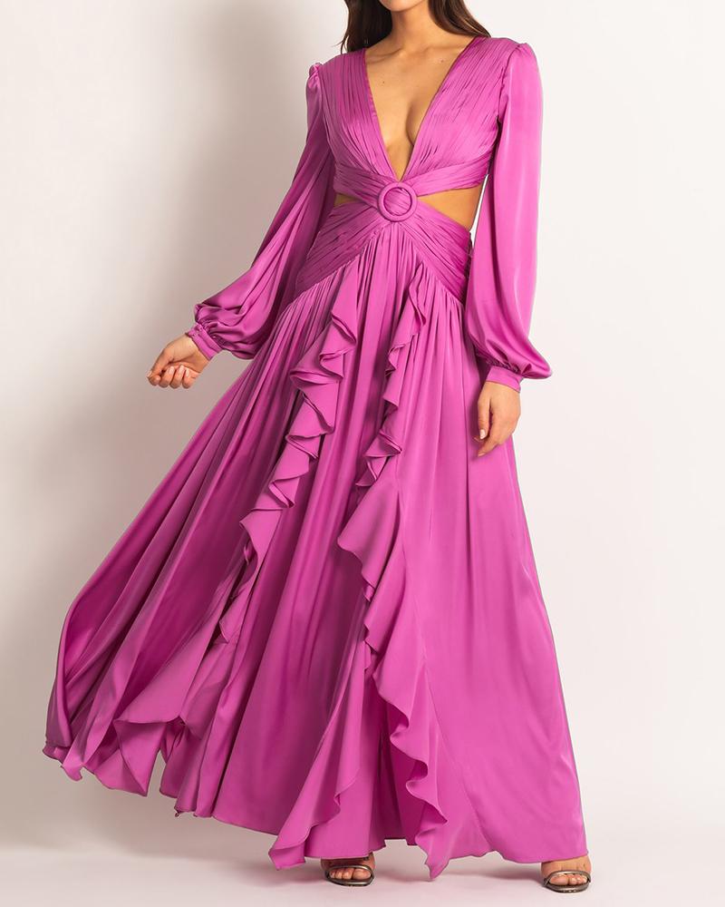 Ellafads Woman Dress High Waist V-neck Women's Dress Pleated Solid Color Ruffled Dress Dresses For Women