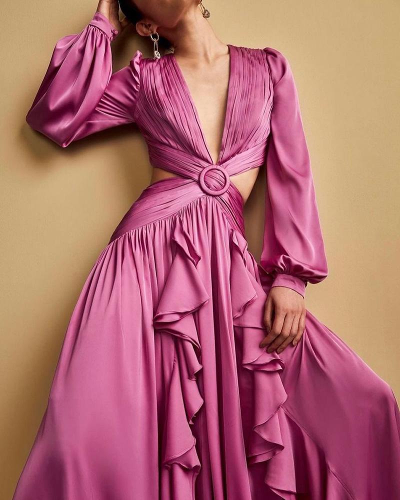 Ellafads Woman Dress High Waist V-neck Women's Dress Pleated Solid Color Ruffled Dress Dresses For Women