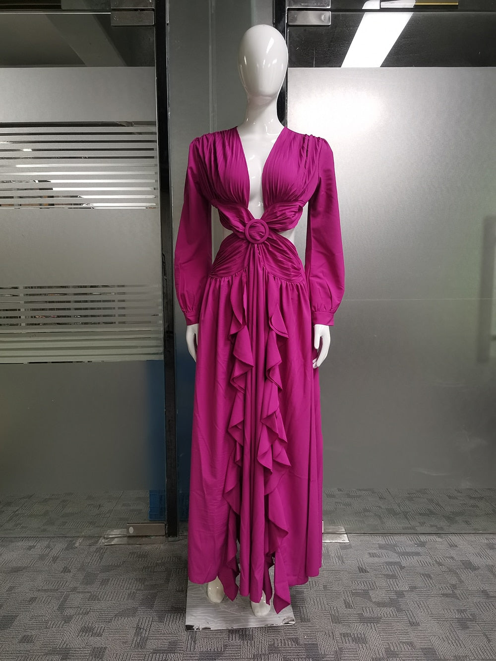 Ellafads Woman Dress High Waist V-neck Women's Dress Pleated Solid Color Ruffled Dress Dresses For Women