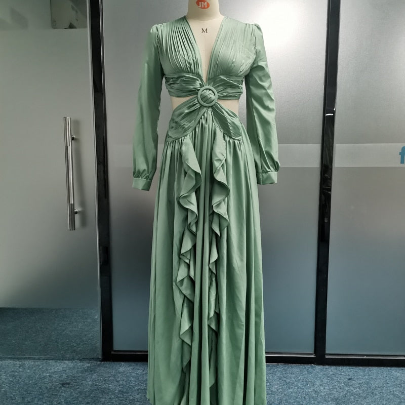 Ellafads Woman Dress High Waist V-neck Women's Dress Pleated Solid Color Ruffled Dress Dresses For Women